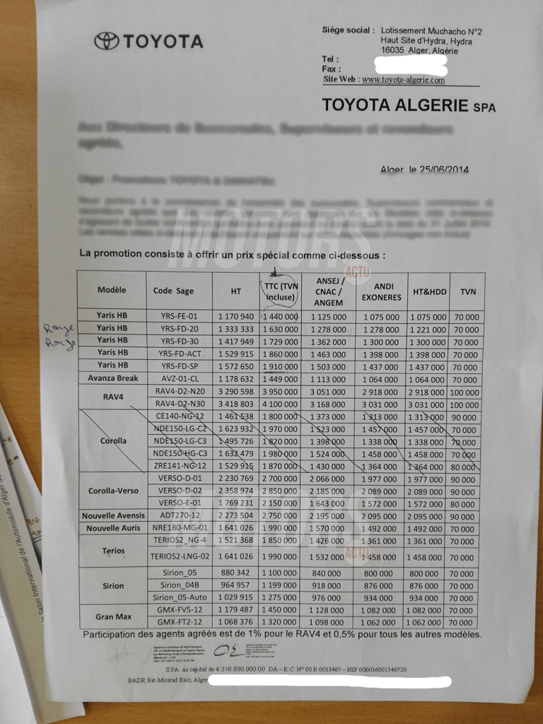 Prix Toyota Algérie 2014