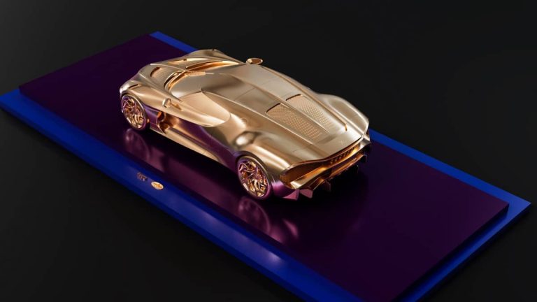 Bugatti Brand Lifestyle poursuit sa croissance S’inspirant de La Voiture Noire de Bugatti, le studio Asprey a créé une sculpture en or unique et une œuvre d’art originale reliées à un NFT.