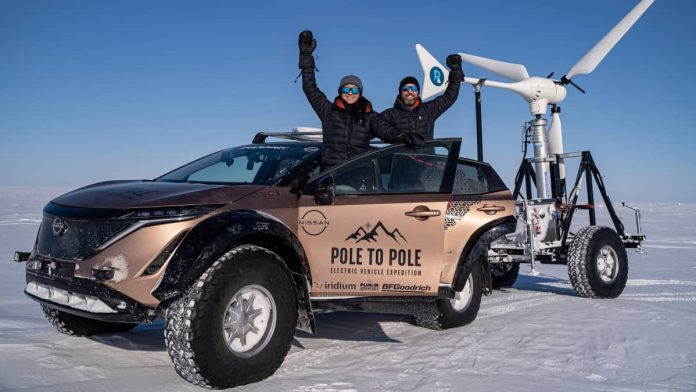 Nissan Ariya pole to pole, Chris and Julie with Trailer