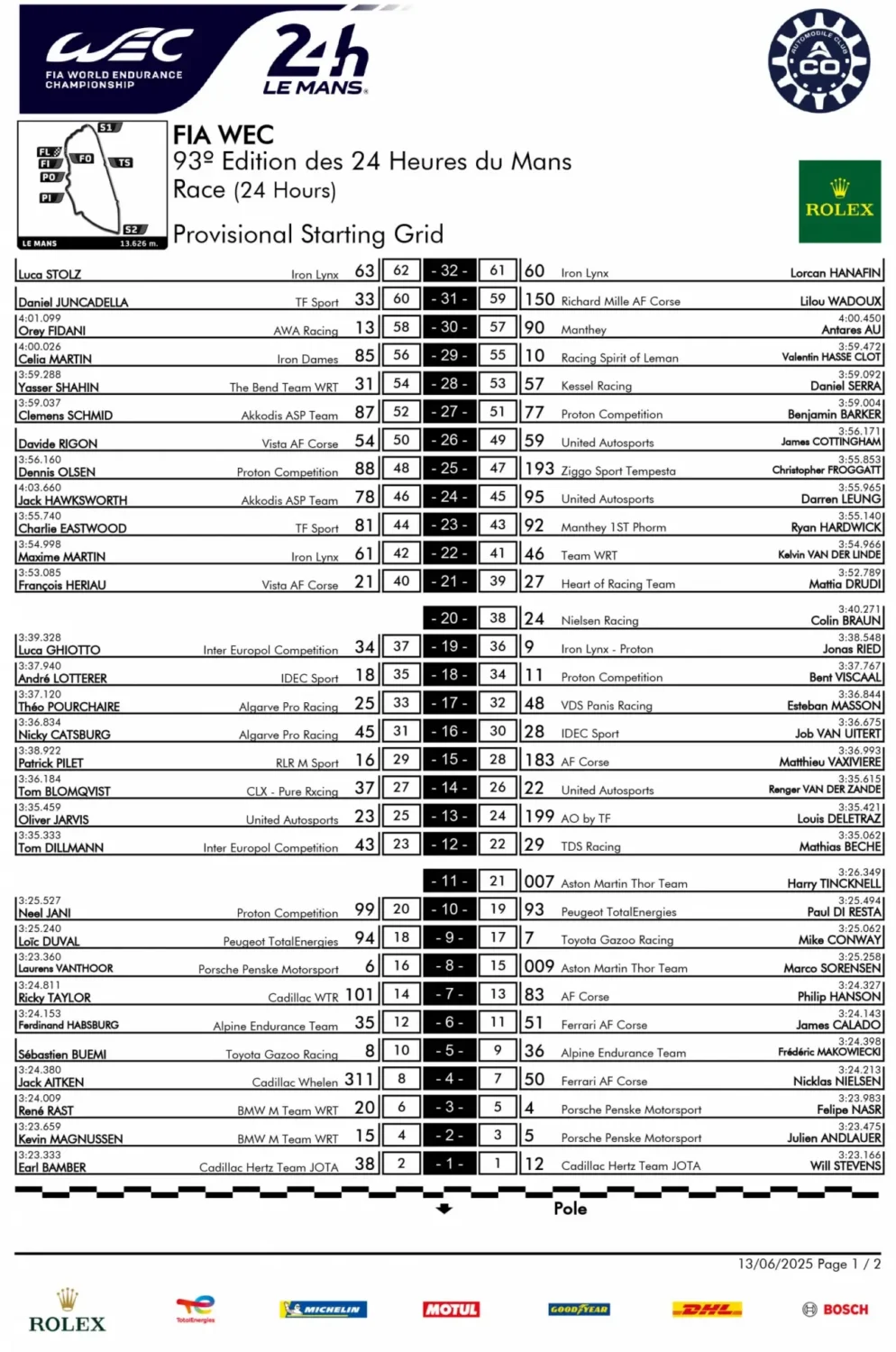 La grille de départ de la 93e édition des 24 Heures du Mans 2025