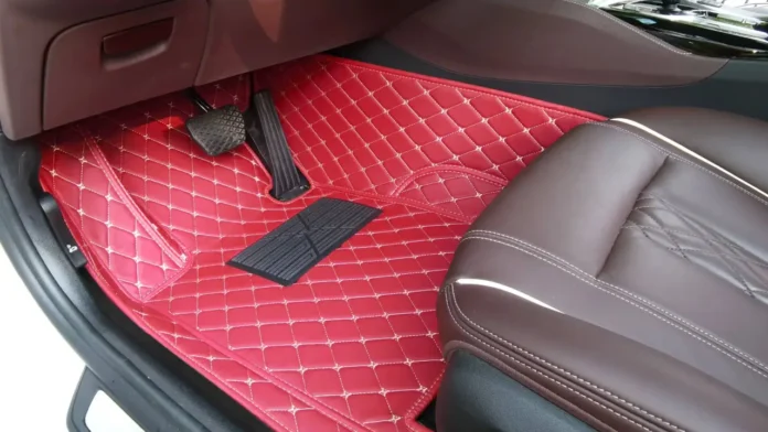 tapis de voiture conducteur sur mesure 3d cuir matelasse bordeaux surpiqures beiges
