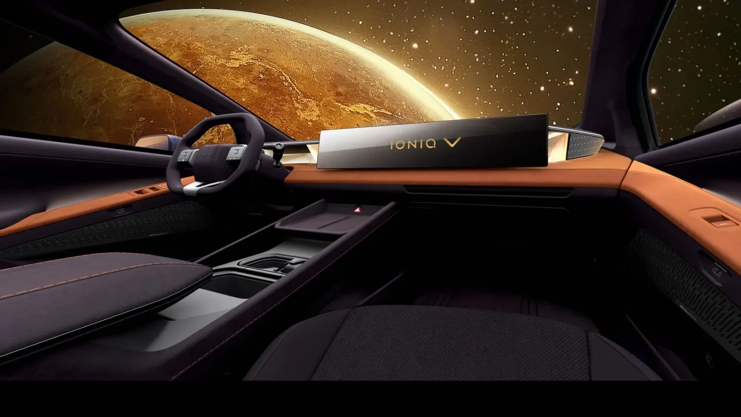 Intérieur de la Hyundai Ioniq V avec écran 27 pouces 4K