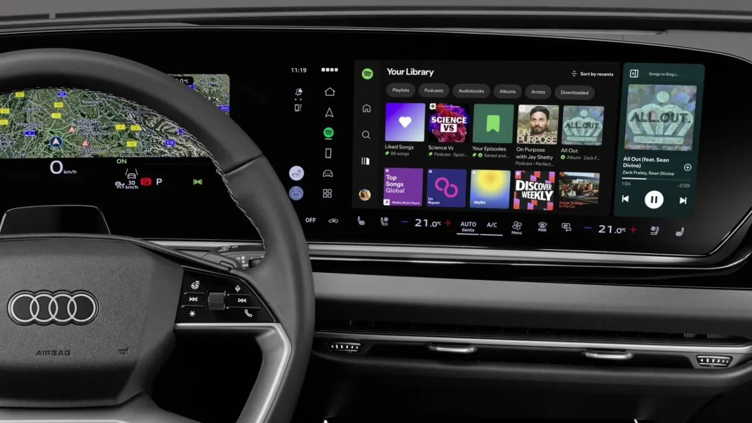 Application Spotify affichée sur l’écran MMI d’une Audi