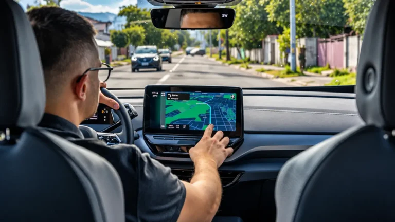 Une seconde sur l’écran, 14 mètres parcourus sans voir la route à 50 km/h Conducteur utilisant l’écran tactile central d’une voiture
